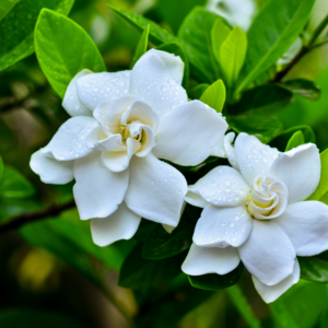 Close-up of two single white gardenia flowers with a few green leaves in the shot.