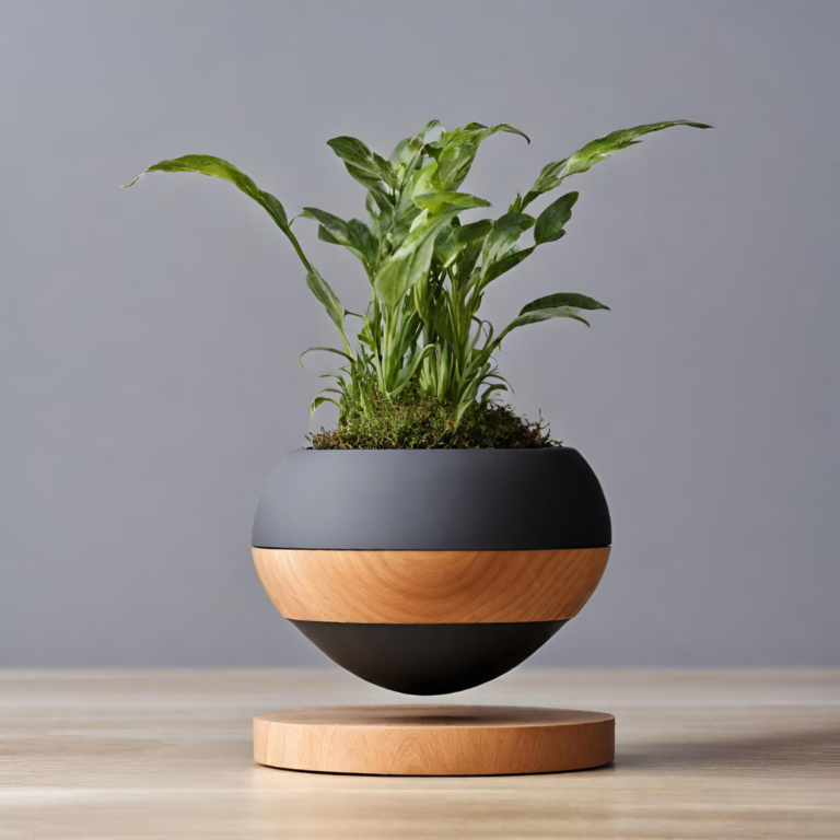 A plant in a wooden brown and black levitating pot illustrates ways to display houseplants without using plant stand.