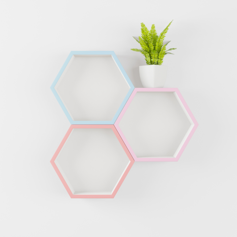 Ways to Display Houseplants: Plant on top of a floating shelf in the shape of three adjacent hexagons.