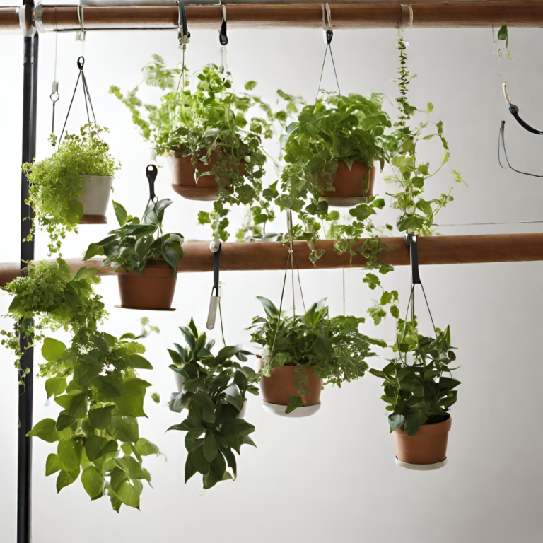 Ways to Display Houseplants: Multiple plant hanging from a tension wall.